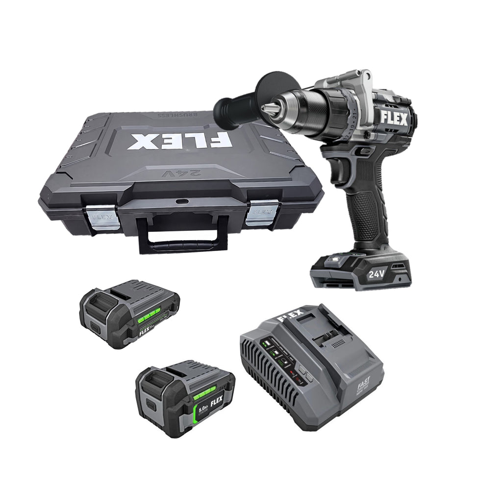 FLEX 24V 1/2-In. 2-Speed Hammer Drill With Turbo Mode Kit, (2 Batteries and a charger Included) FX1271T-2B